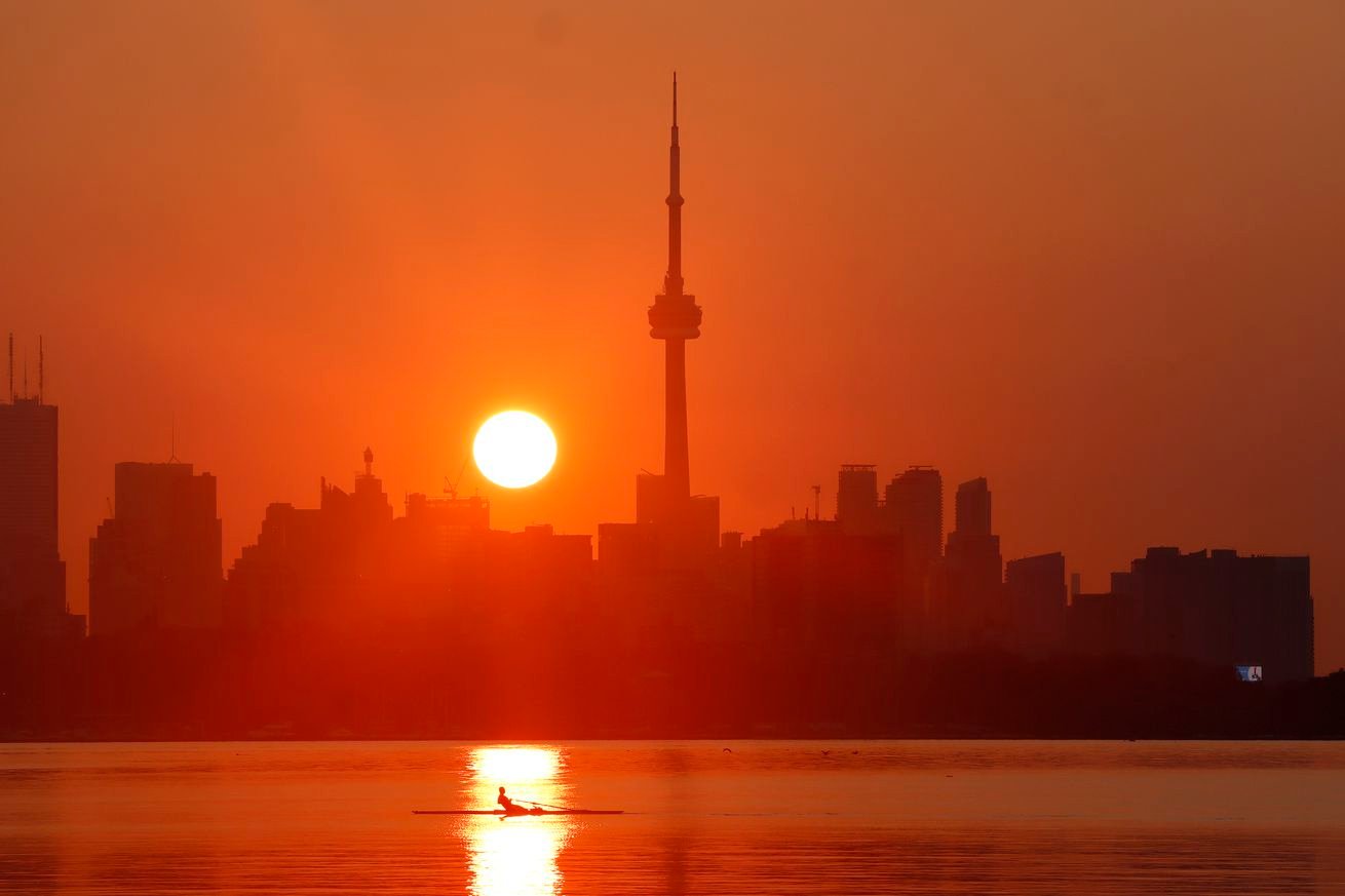 Sunrise Behind the CN Tower in Toronto, Canada