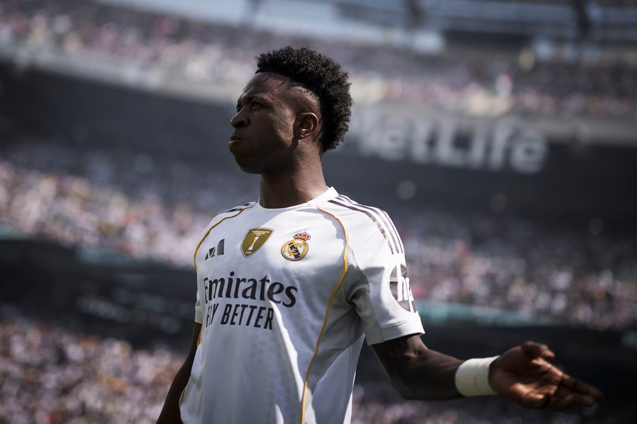 Vinicius Junior of Real Madrid CF gestures prior to the FIFA...
